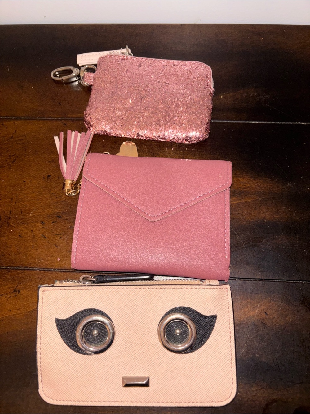 Pink Sequin Key Pouch + Pink Envelope Wallet + Blush Character Card Holder